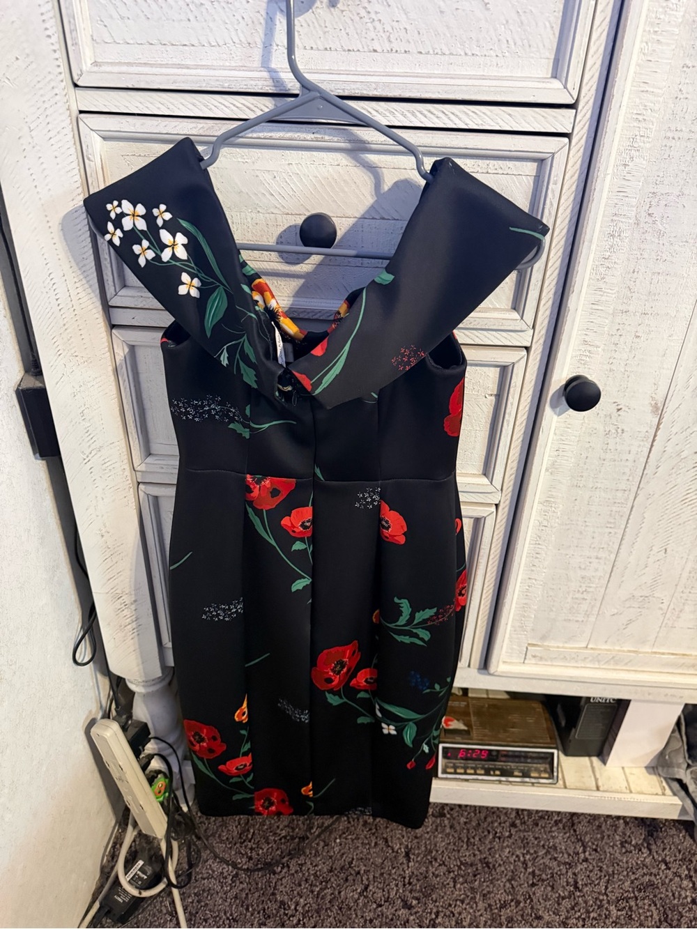 Calvin Klein Black Off-Shoulder Dress with Red Floral Print